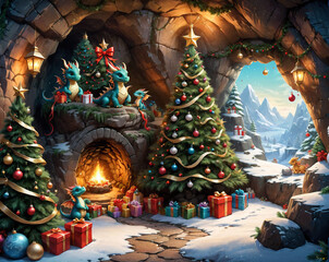A family of cute dragons inside a cave is preparing for Christmas, holiday atmosphere, decorations, Christmas tree and gifts. Generated AI