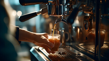 Close up hand of Barista making coffee by a coffee machine with ice and water. Coffee maker in the cafe concept shop. - obrazy, fototapety, plakaty