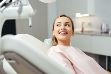 Portrait of a smiling woman Beautiful young woman sitting in happy dentist's chair Talking with the female dentist in the dental chair at the clinic