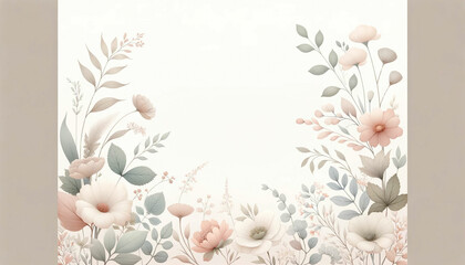 Obraz na płótnie Canvas Floral background in pastel colors with flowers and leaves. Generative AI.