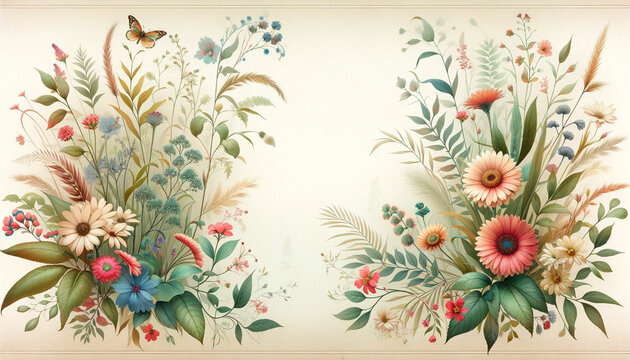Vintage floral background with flowers and butterflies. Generative AI. © Yoru