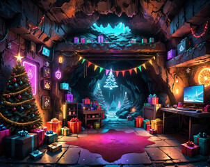 Cyberpunk interior of a cave decorated in New Year's style, neon signs, Christmas tree and gifts. Generated AI
