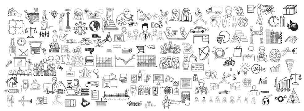 Business doodles hand drawn icons. Vector illustration. Business doodles Sketch set : infographics elements isolated,