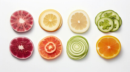 Fototapeta na wymiar A number of slices of fruit on a white background, Generative AI