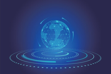 A hollow digital Earth floating above the tech turntable on a blue background.