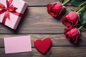 Valentines day background with red hearts, gift box and roses on brown wooden table