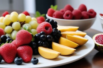 mixed fruit on a plate on a wooden table in the kitchen