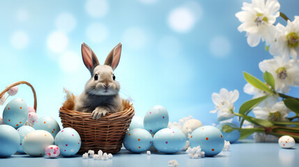 Blue Happy Easter Background with white Easter bunny rabbit and colorful pastel easter eggs