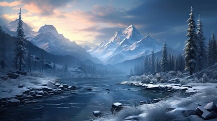winter landscape, forest, mountains