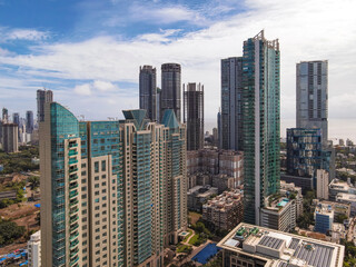 Modern City high-rise skyscraper buildings. Aerial drone view of the Financial District in Mumbai. Daytime Mumbai City, India