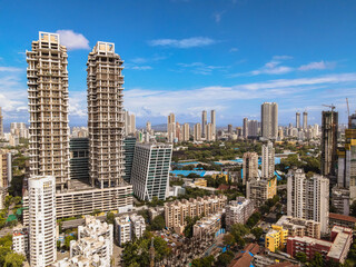 Modern City high-rise skyscraper buildings. Aerial drone view of the Financial District in Mumbai. Daytime Mumbai City, India