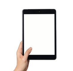 Hand holding the black digital tablet with mockup of blank screen on isolated background.