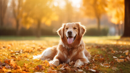 Friendly happy dog in the autumn park, sitting