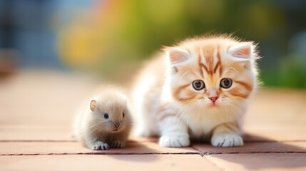 Cute kitty with adorable mouse outdoors, sunlight, close up view