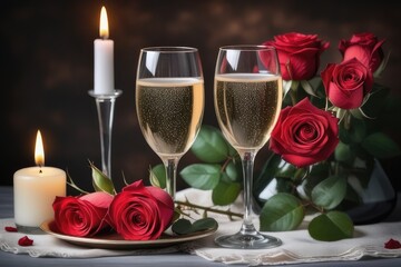 Two glasses of champagne, roses and candles on a dark background.