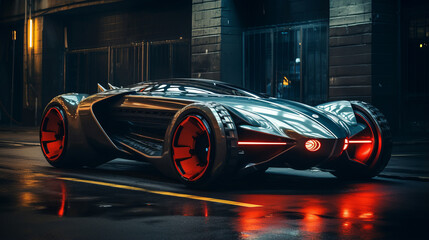 Futuristic car in the night city with neon lights