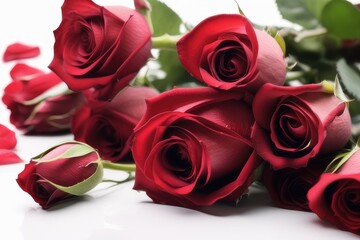 Red roses on a white wooden table. Valentine's day background