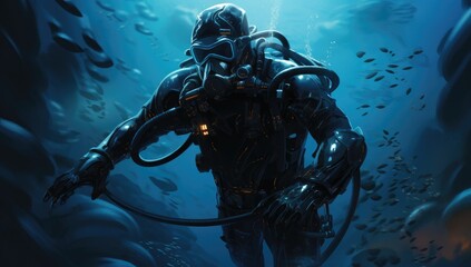 Diver diving with fish He is wearing a diving suit with an oxygen tank - obrazy, fototapety, plakaty