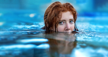 portrait of swimming sexy, young red haired woman with freckles and red wet hair, in turquoise spa...