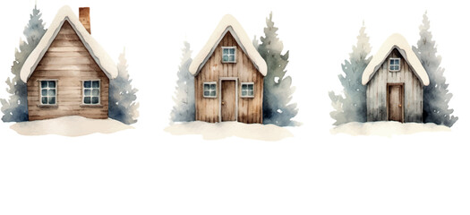 watercolor set of small house in the forest snow - obrazy, fototapety, plakaty