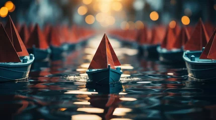 Tuinposter Origami paper ship boats, female success leadership, strategy planning development, social media influence marketing, HR recruiter, disruptive innovation, breakthrough business model solutions concept © Tn