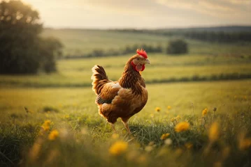 Fotobehang chicken on the green grass in the meadow in the morning © Viewvie