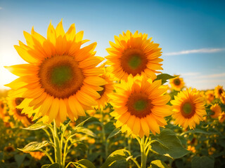 Bright sunflowers bask in the golden sunlight