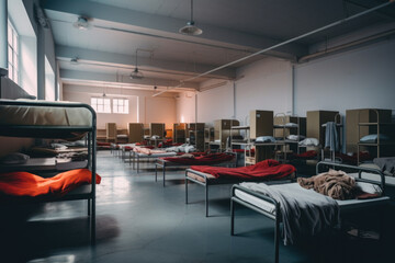Fototapeta Rows of beds in a shelter. The concept is social assistance. obraz