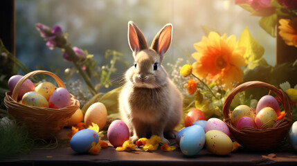 Photo of a cute rabbit surrounded by a colourful field of Easter eggs 