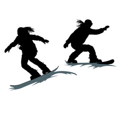 Silhouette of two guys performing snowboarding tricks on the snow