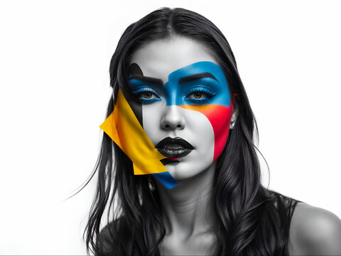 A black and white portrait of a woman with an abstract, colorful face design