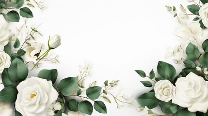Flower banner floral background white roses and green eucalyptus - obrazy, fototapety, plakaty