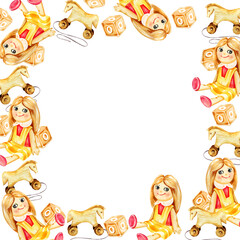 Watercolor square frame of children theme, hand drawn sitting doll, vintage wooden horse, beige cube with letters, sketch of newborn theme isolated on white background, pink and yellow colors