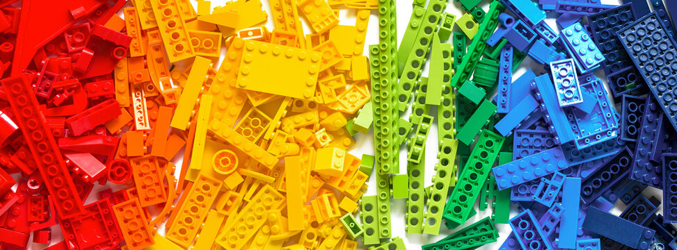 Background texture of colorful rainbow toy bricks. Education concept.