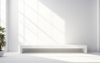 An abstract blank white studio background suitable for product presentations. This empty room is characterized by window shadows, creating an opportunity to display products against a blurred backdrop