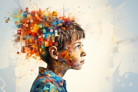 ASD autism spectrum disorder, deficits in social communication and interaction, mind of child with colorful jigsaw or puzzle pieces
