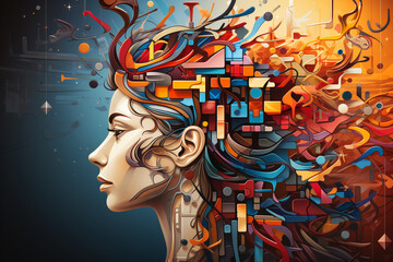 ASD autism spectrum disorder, deficits in social communication and interaction, adult mind with colorful jigsaw or puzzle pieces  - Powered by Adobe