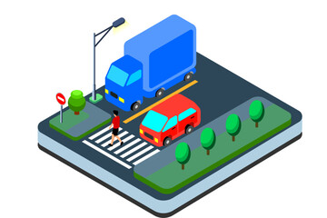 People Cross the Road at a Zebra Crossing When the Vehicle Stops - Isometric Flat Illustration. Car Illustration Isometric Isolated on White