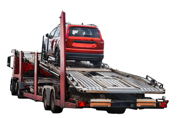 Isolated tow truck on white background. Close-up of a Tow truck with the car on the highway. Car...