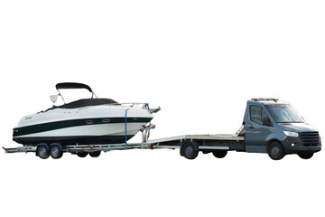 Isolated on a white background towing a new motor boat. Service maintenance transportation....