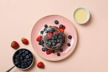 Chocolate pancakes, tasty breakfast, concept of delicious food - obrazy, fototapety, plakaty