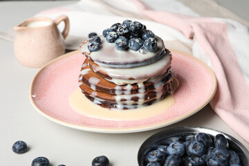 Chocolate pancakes, tasty breakfast, concept of delicious food