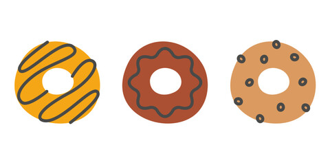 Set of different donuts. Delicious pastries in doodle style.
