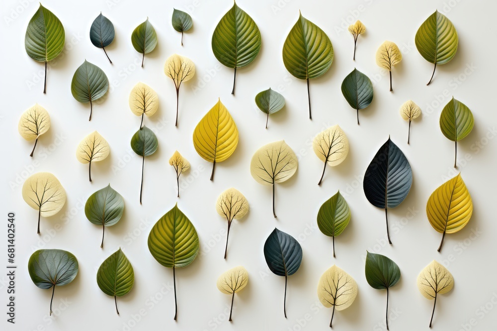 Wall mural a visually appealing abstract background is composed with a flat-laid collection of leaves against a