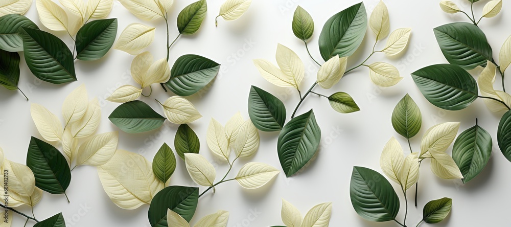 Wall mural in a wide-format composition, an abstract background is created with leaves elegantly arranged on br