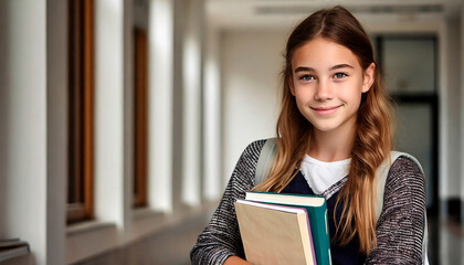 Estudiante adolescente con libros en sus brazos en pasillos de la escuela preparatoria