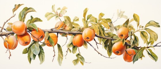 Painted in watercolors, the persimmon graces the canvas with its warm palette. Each brushstroke captures the autumnal charm of this sweet and juicy fruit. - obrazy, fototapety, plakaty