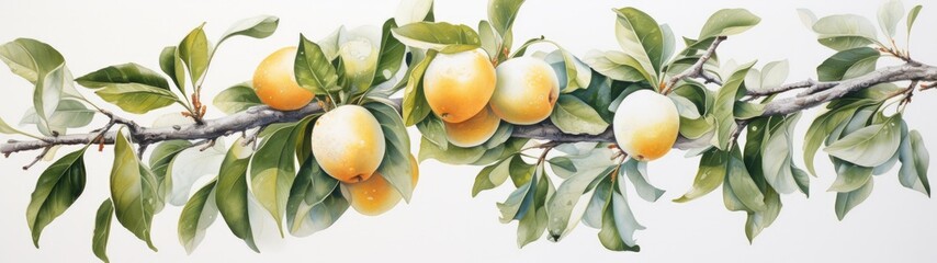 Persimmon graces the canvas in watercolor, blending warm oranges and earthy greens. Each brushstroke captures the autumnal allure of this sweet, native fruit. - obrazy, fototapety, plakaty