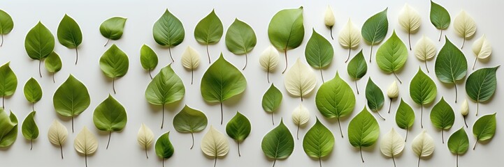In a wide-format composition, an abstract background is formed with green leaves laid flat against a clean white backdrop, creating a versatile image. Photorealistic illustration