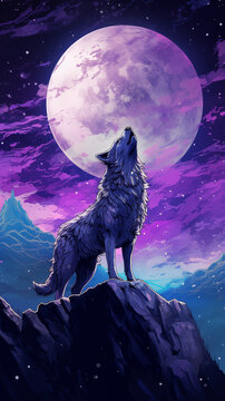The wolf on the night of the full moon was standing on a rock and howling loudly throughout the forest. Drawing with colored pencils, emphasizing lines and using mainly purple tones.